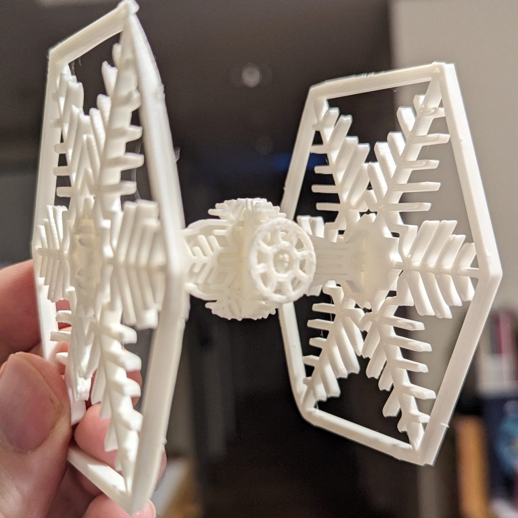 Assembled TIE fighter Christmas ornament, printed in white filament